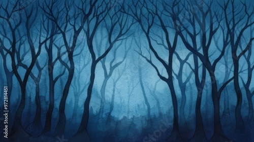 Dark Shadowy Forest with Twisted Bare Trees and Mysterious Shadows Creating an Eerie, Haunting Atmosphere in Blue