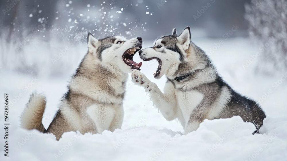 Naklejka premium Two Siberian Huskies playing together in the snow, playfully biting and jumping around, full of life and energy