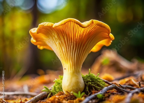 Vibrant yellow-white chanterelle mushroom with funnel-shaped cap and wrinkled, wavy edges isolated on a soft, natural photo