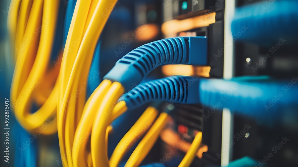 Network cables connected to servers in a data center. Network cables connected to servers in a data center.