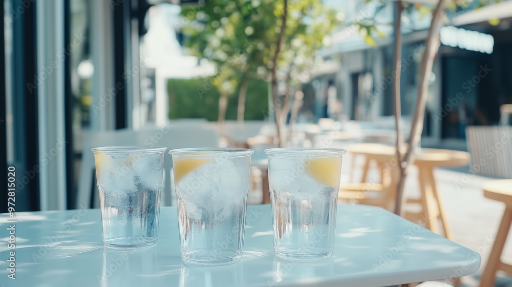 Refreshing drinks with ice and lemon served on a sunny outdoor patio in a vibrant café during late afternoon hours Refreshing drinks with ice and lemon served on a sunny outdoor patio in a vibrant café during late afternoon hours