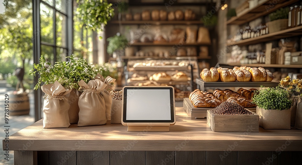 3D Rendering of a Blank Tablet in an Organic Grocery Store with Fresh Food and Pastries. AI generated illustration 3D Rendering of a Blank Tablet in an Organic Grocery Store with Fresh Food and Pastries. AI generated illustration