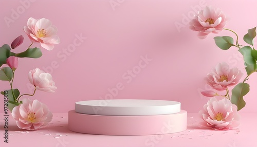 Feminine 3D podium presentation with pastel tulip blossoms and beauty products against a minimal pink background for Valentines inspiration