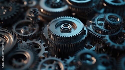 Intricate arrangement of gears, highlighting mechanical design concepts,illustrator 3D  photo