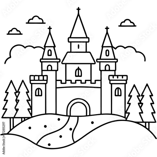 castle with background outline coloring book page line art drawing