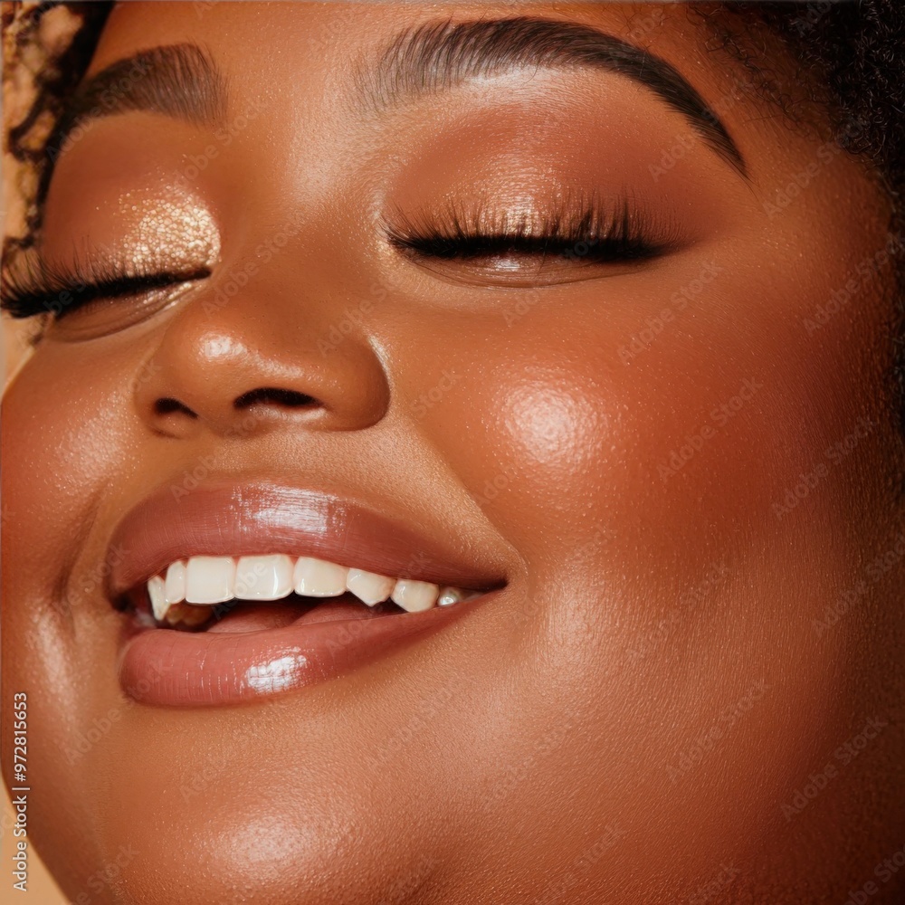Obraz premium A close-up of a plus-sized woman's face, smiling and wearing natural makeup, showcasing beauty in all forms