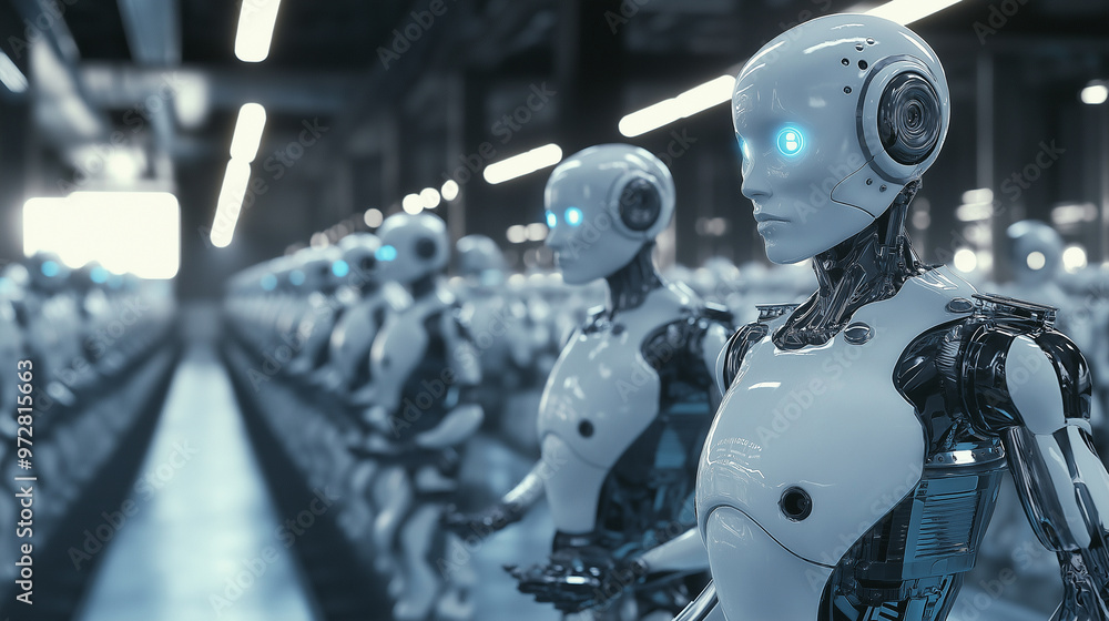 Fototapeta premium Futuristic robots working in an assembly line in a high-tech factory environment.