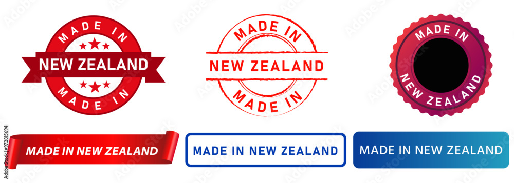 Obraz premium Made in New Zealand manufacturing product stamp colorful badge export production advertising design set collection emblem