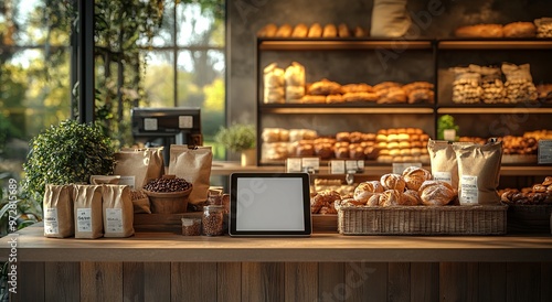 3D Rendering of a Blank Tablet in an Organic Grocery Store with Fresh Food and Pastries. AI generated illustration