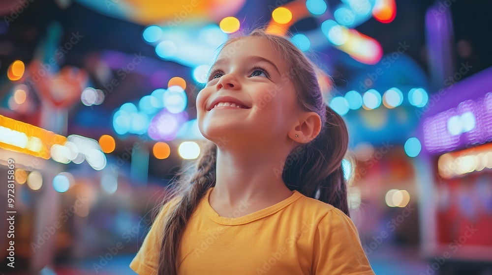 Child smiling in a colorful, illuminated environment. Child smiling in a colorful, illuminated environment.