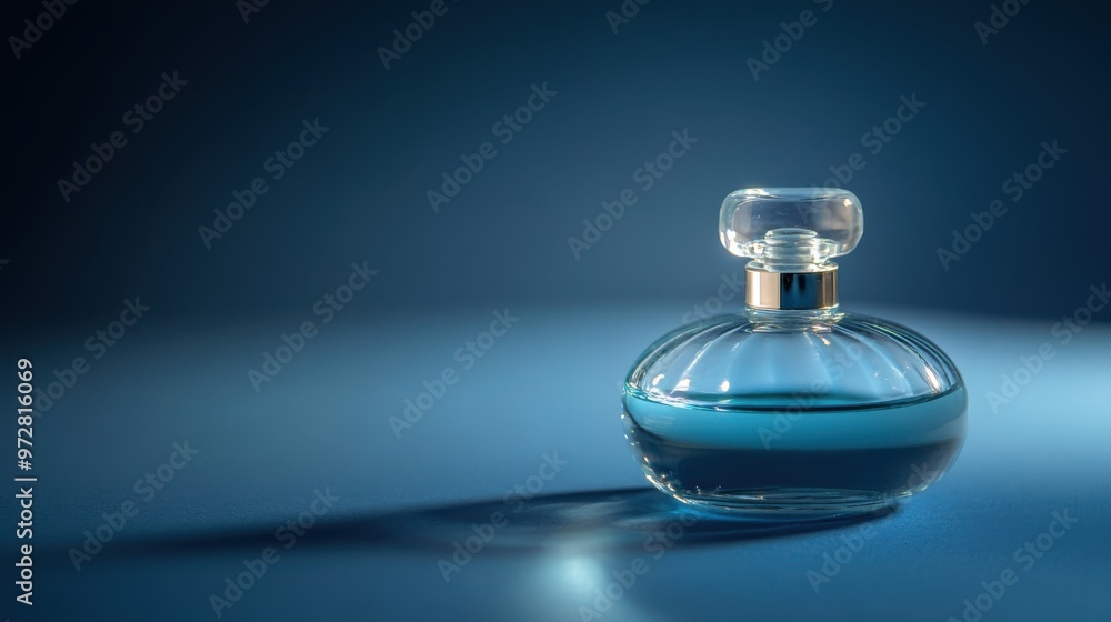 Elegant glass perfume bottle, standing alone in the center, surrounded by a blurred, Elegant glass perfume bottle, standing alone in the center, surrounded by a blurred,