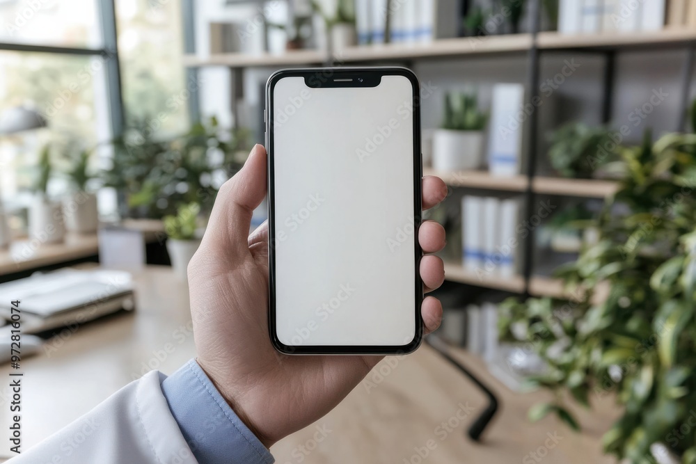 Hand Holding Smartphone with Blank Screen in Office Setting Hand Holding Smartphone with Blank Screen in Office Setting