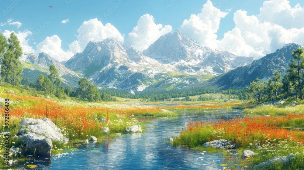Obraz premium Scenic mountain landscape with vibrant flowers and a clear river.