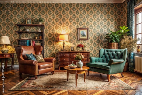 Vintage-inspired living room with retro-patterned wallpaper, velvet armchair, and antique decorative items, evoking a photo