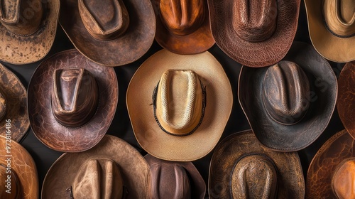 diverse collection of rugged cowboy hats in various shades of brown leather artfully arranged to showcase unique styles and textures photo