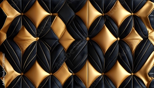 Luxury black silk with gold patterned shapes amidst intricate quilted textures in upscale upholstery design for elegant interiors photo