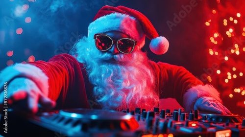 dj santa claus spinning decks at neonlit new years party funky sunglasses modern twist on classic character electric blue background festive energy photo