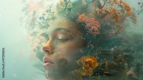 Dreamy Floral Portrait: Woman Surrounded by Flowers and Bubbles