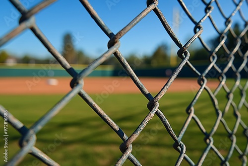 Close-up view of a chain link fence surrounding a baseball field during a sunny afternoon