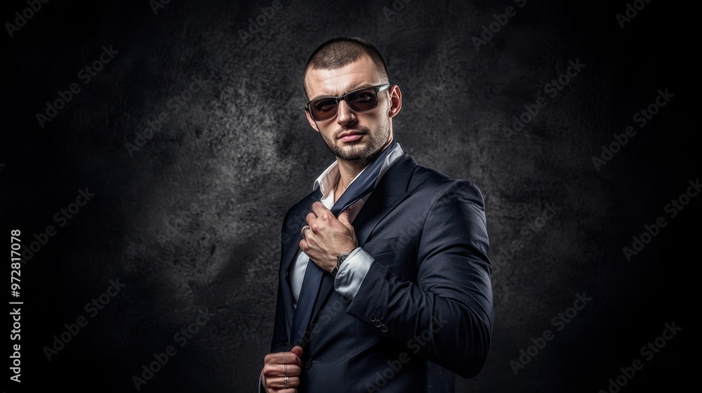 A man in a suit and glasses holding his tie with one hand while posing confidently, celebrating boss day, business, leadership A man in a suit and glasses holding his tie with one hand while posing confidently, celebrating boss day, business, leadership