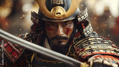 41. **A noble samurai lord in ornate armor, wielding a katana