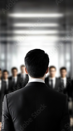 Businessman with black hair standing in the middle of an office corridor, celebrating boss day, office environment, business setting