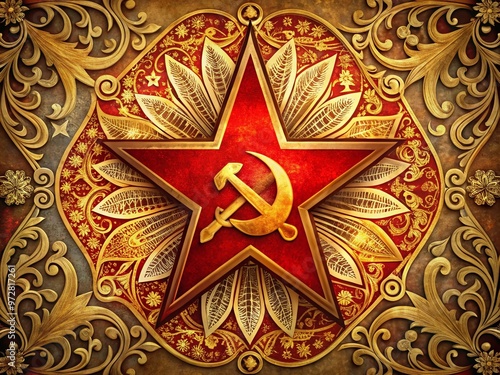 Vintage Soviet-era propaganda poster featuring a bold red star, hammer, and sickle, surrounded by ornate gold filigree photo