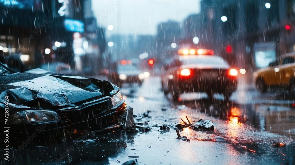Obraz premium dramatic car collision scene on rainslicked urban street crumpled metal shattered glass flashing emergency lights illuminate the chaos sense of urgency and danger