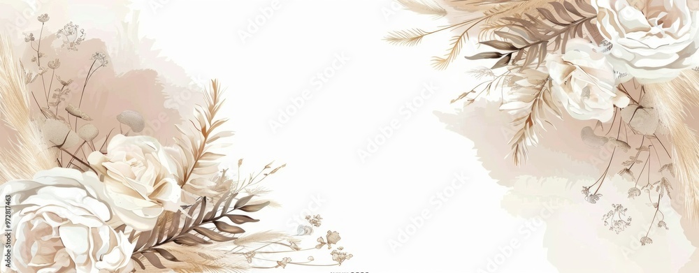 Luxurious beige and brown trendy design banner frame. Pastel pampas grass, fern, flowers. Watercolor brush texture. Wedding card invitations. Luxurious beige and brown trendy design banner frame. Pastel pampas grass, fern, flowers. Watercolor brush texture. Wedding card invitations.
