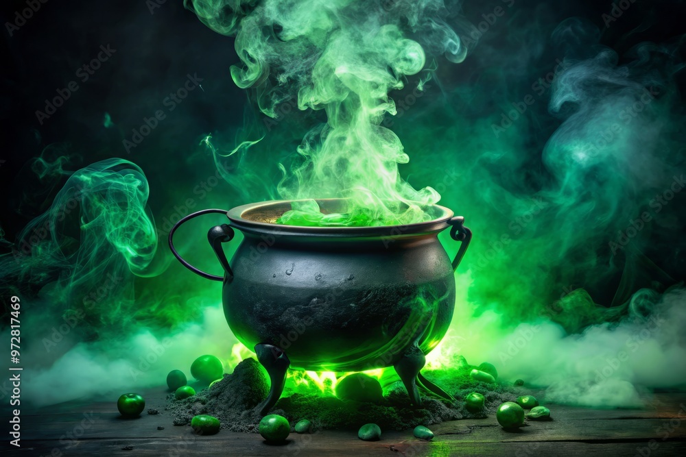 * ghoulish witches' cauldron bubbling over with green potion and eerie fog * ghoulish witches' cauldron bubbling over with green potion and eerie fog