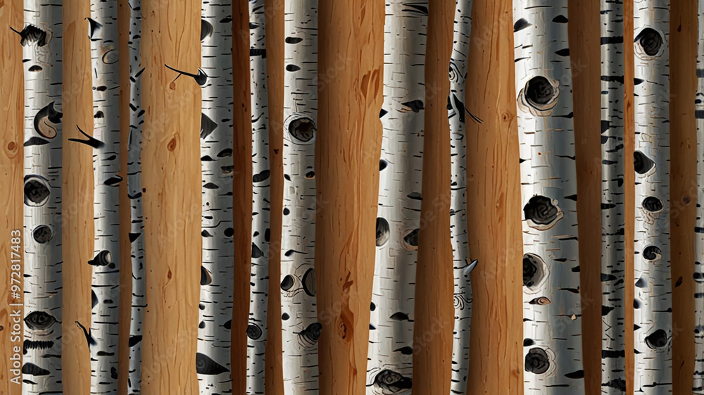 Fototapeta premium Seamless Birch Tree Pattern on Wood Grain Background for Graphic Design