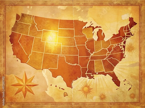 Vintage-styled illustration of the Southern United States, showcasing state borders, capitals, and major cities, set #972817412