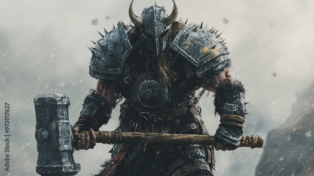 32. **A legendary berserker warrior with spiked armor and a large hammer 32. **A legendary berserker warrior with spiked armor and a large hammer