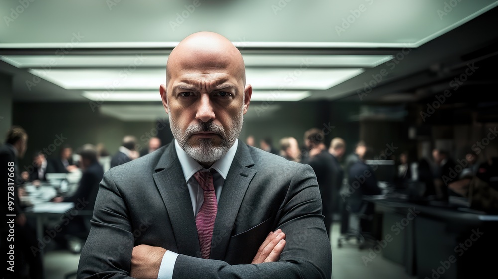 A bald middle aged man with a gray beard wearing a suit and tie, celebrating boss day, business attire, executive presence A bald middle aged man with a gray beard wearing a suit and tie, celebrating boss day, business attire, executive presence