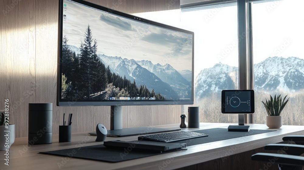 Fototapeta premium Minimalist Desktop Setup with Mountain View