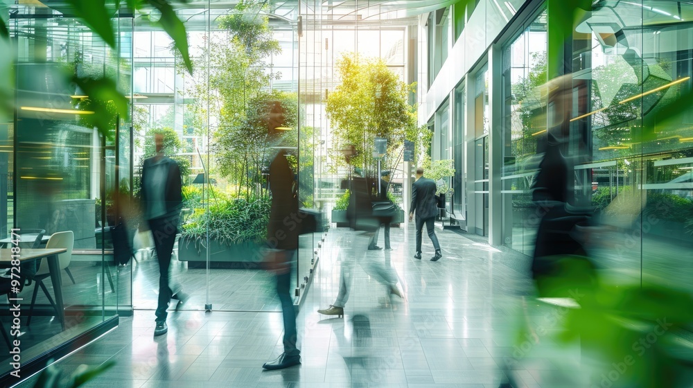 Blurred background of people walking in a modern office building with green trees and sunlight , eco friendly and ecological responsible business concept image with copy space Blurred background of people walking in a modern office building with green trees and sunlight , eco friendly and ecological responsible business concept image with copy space