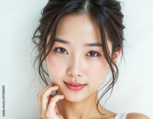 Beauty portrait of a young Asian woman in natural light against a plain white background.






 photo