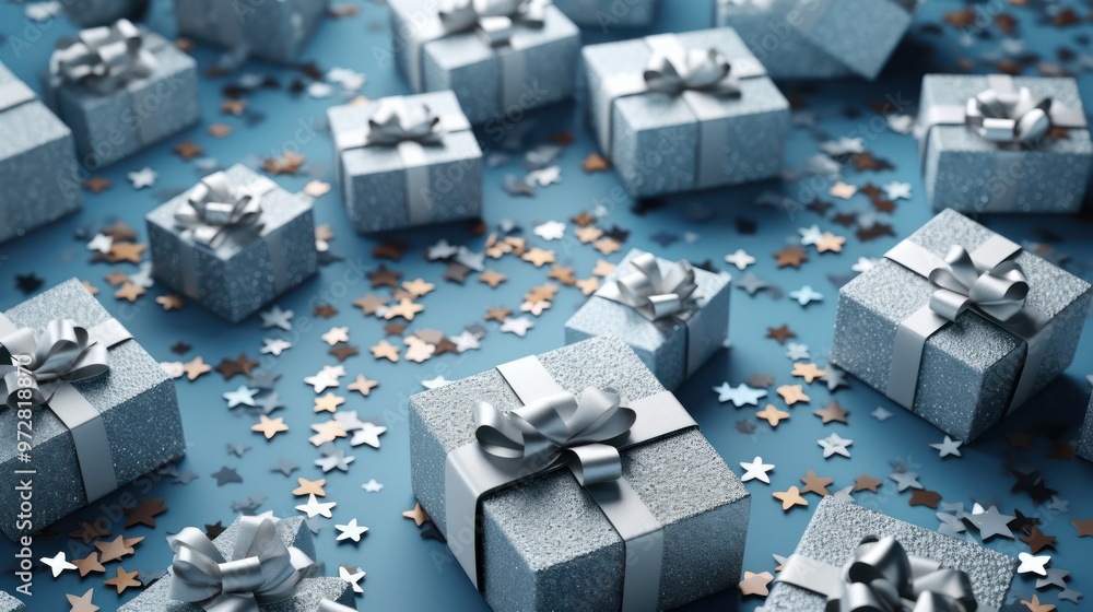 Silver Gift Boxes with Stars on a Blue Background Silver Gift Boxes with Stars on a Blue Background