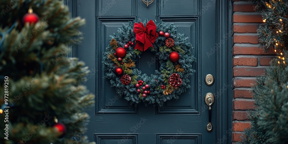 Christmas Wreath with Red Bow Hanging on Window Christmas Wreath with Red Bow Hanging on Window