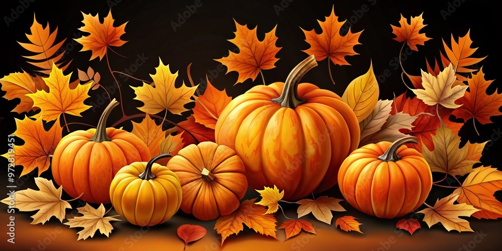 Naklejka premium Autumn leaves and pumpkins Halloween illustrations orange and black