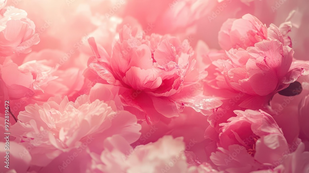 Fototapeta premium dreamy pink wonderland delicate peony blooms in various stages floating weightlessly soft focus petals creating texture seamless pastel background evoking romance and femininity