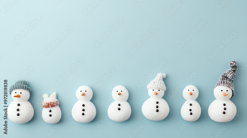 A charming array of snowmen wearing colorful hats, perfect for winter or holiday-themed designs and promotions. A charming array of snowmen wearing colorful hats, perfect for winter or holiday-themed designs and promotions.