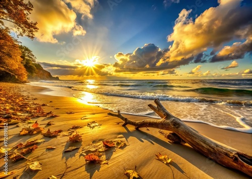 Warm sunlight casts a golden glow on a serene beach, where crunchy fallen leaves and driftwood mingle with photo