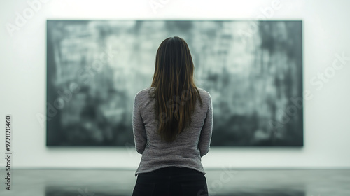 Woman standing in contemporary art gallery viewing abstract painting showcasing contemplation and appreciation for modern artistic expression in minimalist setting photo