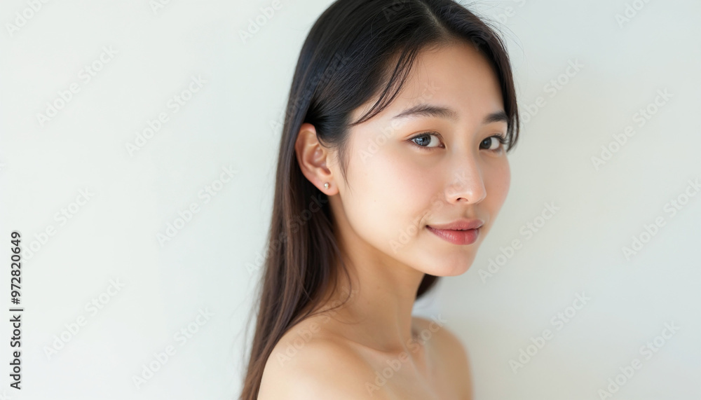 Beauty portrait of a young Asian woman in natural light against a plain white background.
Beauty portrait of a young Asian woman in natural light against a plain white background.