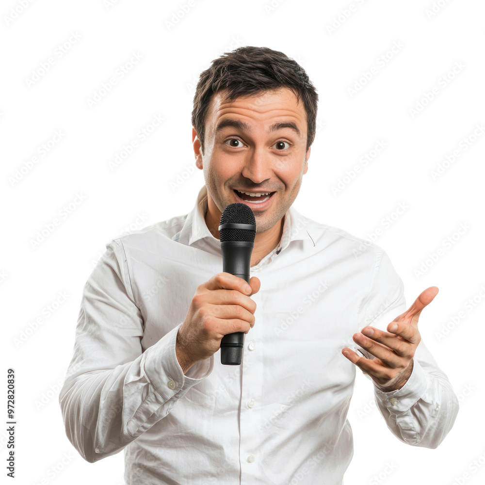 A reporter holding a microphone and gesturing as if asking a question. isolated on transparency background A reporter holding a microphone and gesturing as if asking a question. isolated on transparency background