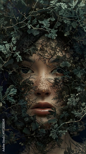 Woman's Face Hidden in a Forest of Leaves