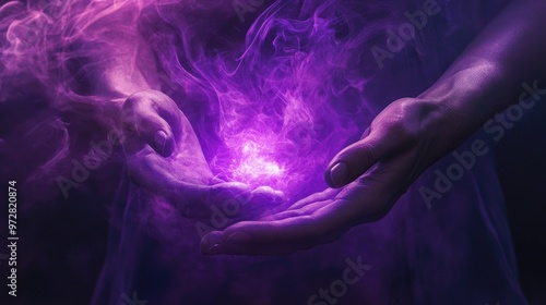 A pair of hands holding a glowing orb of light, surrounded by purple smoke. photo