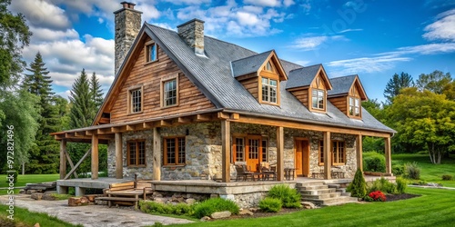 Weathered wooden exterior of a traditional Acadian-style house undergoes renovation, revealing charming rustic beams photo