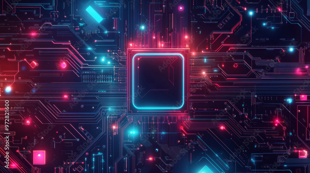 A detailed vector illustration featuring a technology circuit board and processor, highlighting an AI chip or CPU semiconductor. The design incorporates thin circuit lines against a digital background A detailed vector illustration featuring a technology circuit board and processor, highlighting an AI chip or CPU semiconductor. The design incorporates thin circuit lines against a digital background